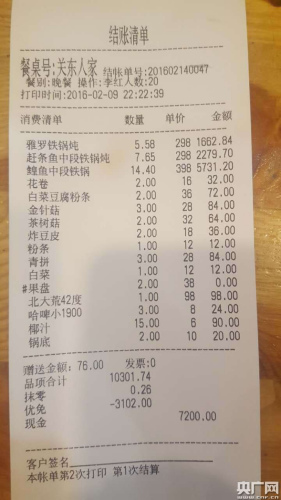 飯店提供的最終結算單