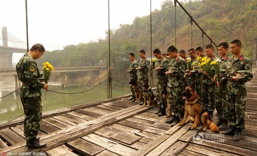 2016年3月29日，云南瑞麗，邊防大隊江橋警犬復訓基地的官兵在警犬墓群前，帶著警犬列隊，悼念特殊的“警犬戰友”，敬獻花環。脫帽、默哀、敬禮，簡單的儀式承載了官兵與警犬之間深厚的戰友情誼。11年來，這個基地先后有12頭警犬光榮地完成使命，葬在山頭。